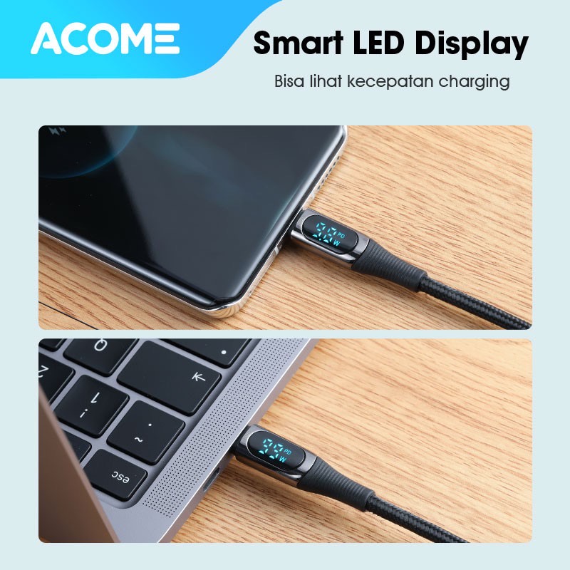 Kabel Data Type-C to C 100W ACOME APD100 5A Smart LED Display Garansi Resmi 1 Tahun
