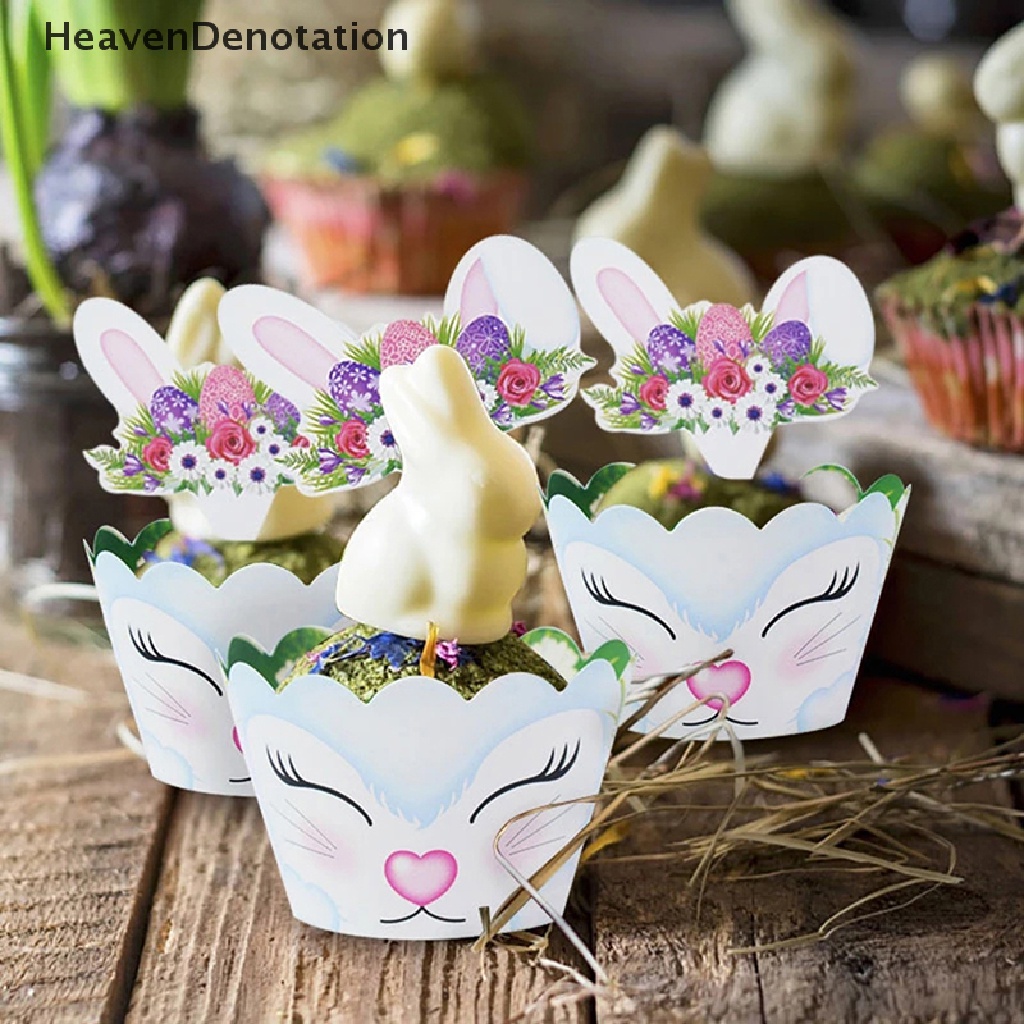 [HeavenDenotation] 24pcs/set Lovely Rabbit Cake Insert Card Wrapper Pesta Paskah Bunny Cake Topper HDV