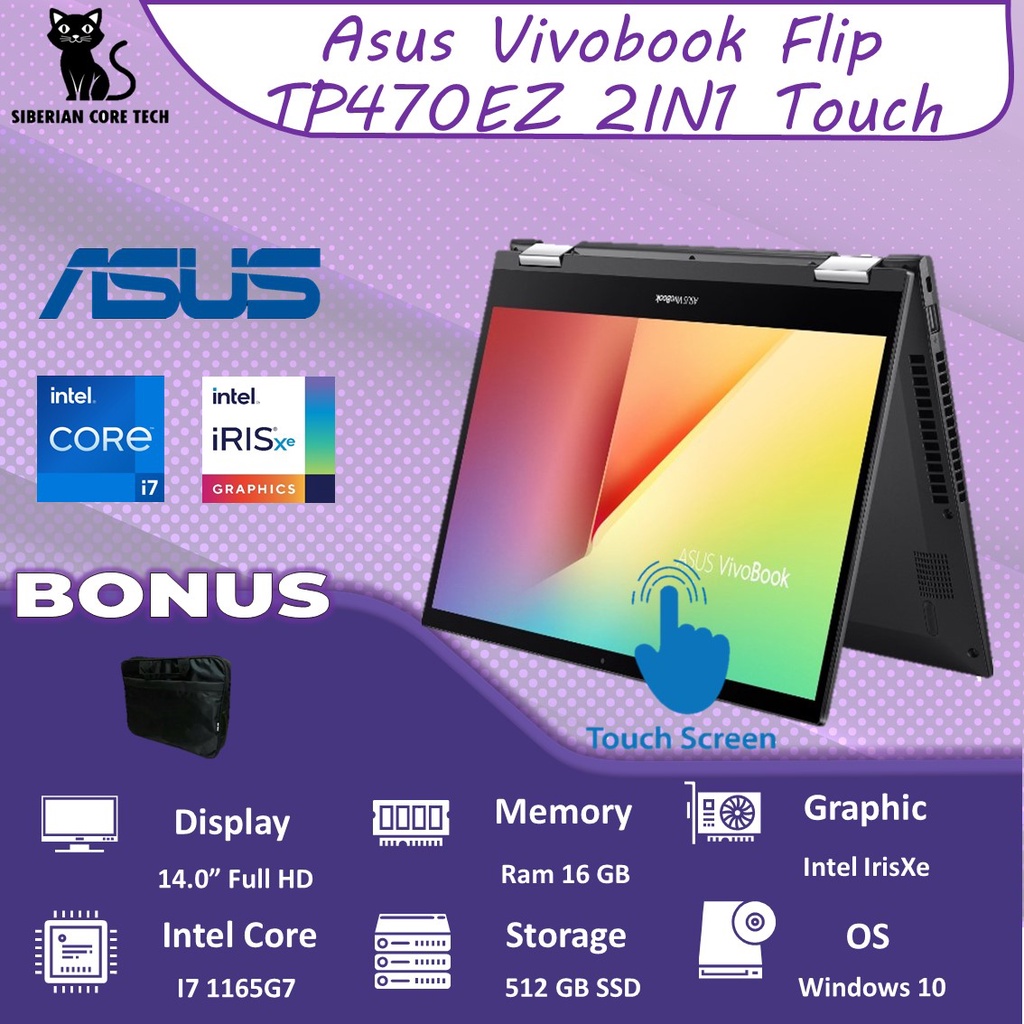 ASUS VIVOBOOK FLIP TP470EZ 2IN1 TOUCH I7 1165G7 16GB 512SSD W10 14.0FHD