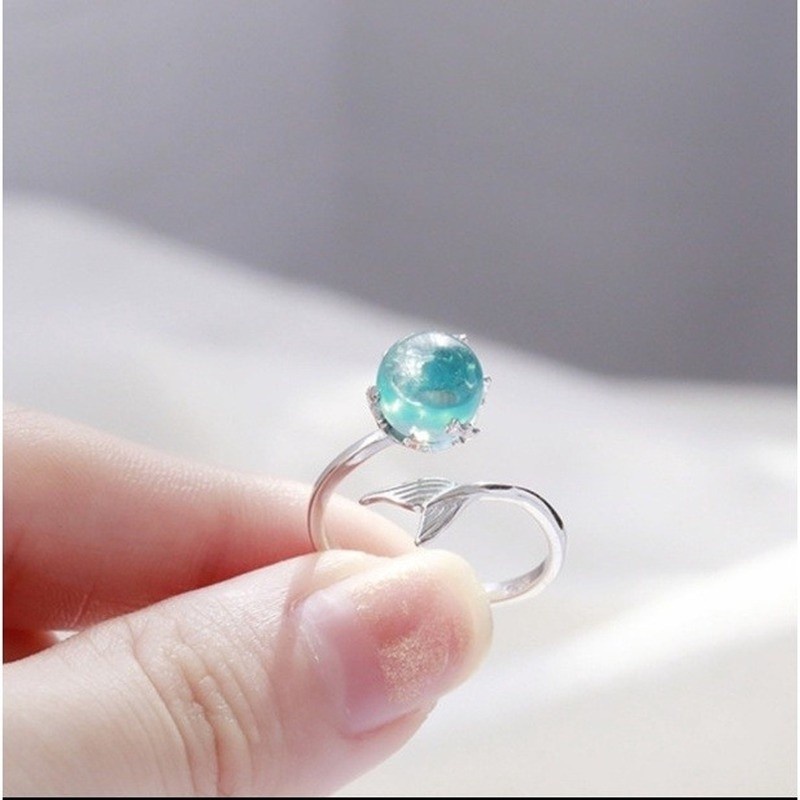 [X C Jewelry] Mermaid Wanita Terbuka Cincin Busa Pasangan Cincin Anniversary Cincin Tunangan Pernikahan Hadiah Ulang Tahun Kristal Biru Aksesoris Fashion