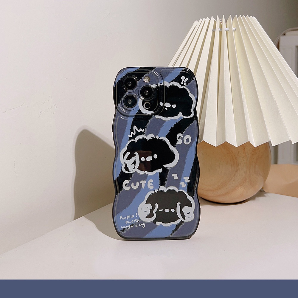 IPHONE Ins Keren Anjing Hitam Kartun Silikon Wavy Edges Case Untuk Iphone14 11 12 13 PRO MAX Casing Cover Pelindung AT0046