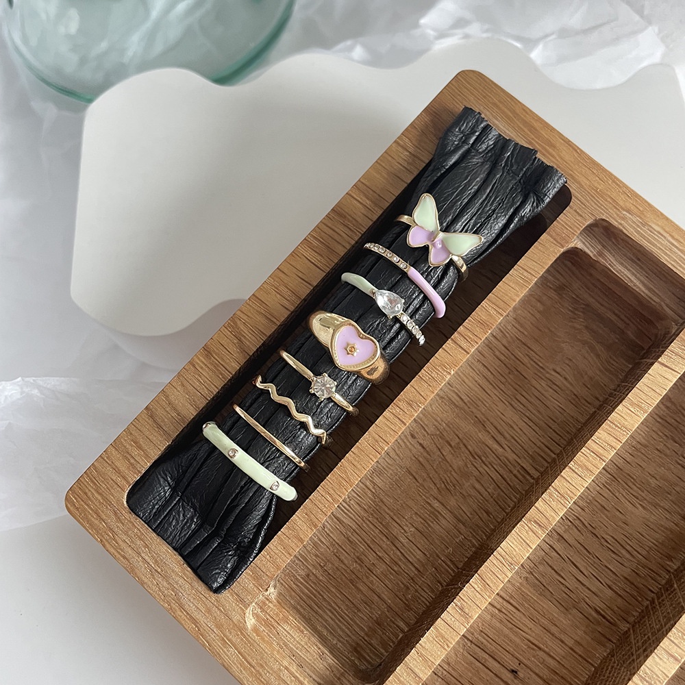 Indah Gaya Gadis Warna Drop Minyak Kupu-Kupu Cinta Berlian Cincin Ins Zirkon Cinta Kupu-Kupu Cincin Set