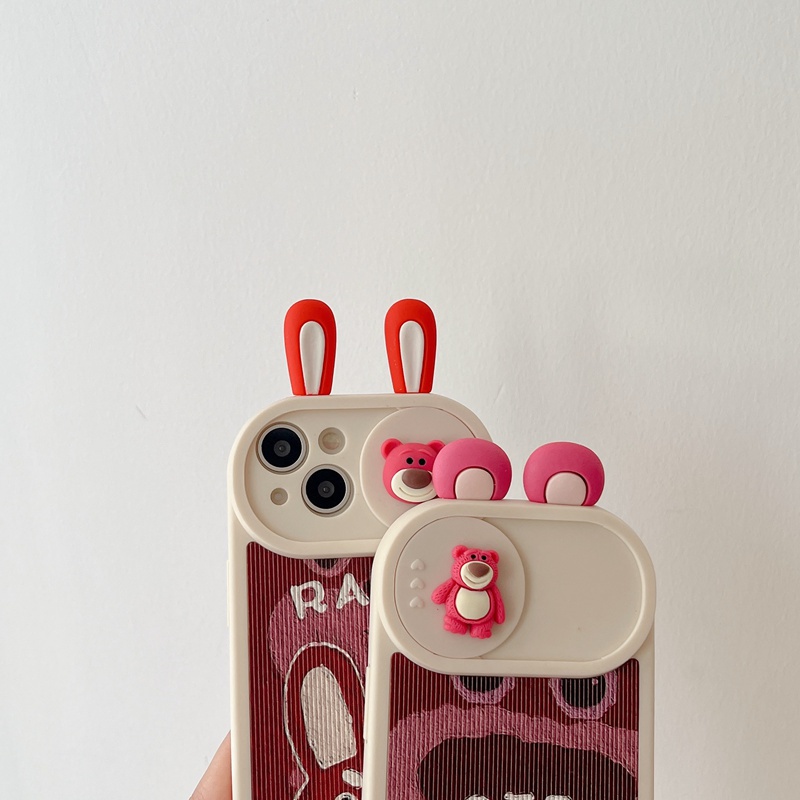 IPHONE Casing Kulit Lembut Pelindung Kamera Slide Dapat Didorong Untuk Iphone11 12 13 14 Pro Max 14 Plus Casing Phone Cover Cute Rose Red Bear Losto Womens Girl's Gifts cassing hp