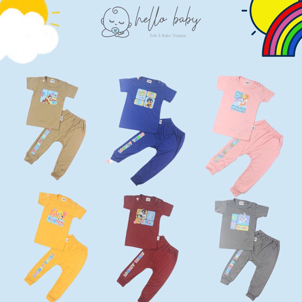 Chiyo Setelan Oblong Pendek + Celana Panjang Looney Tunes Tencel Inspiring Colours - Pakaian Anak