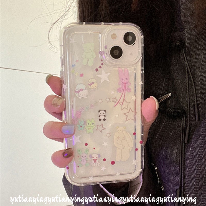 IPHONE Case Kompatibel Untuk Iphone11 14 13 12 Pro MAX 7plus XR 7 8 6 6S Plus X XS MAX 8plus SE 2020 Ins Korea Airbag Shockproof Kartun Bintang Lucu Beruang Kitty TPU Lembut Bening Ponsel Cover