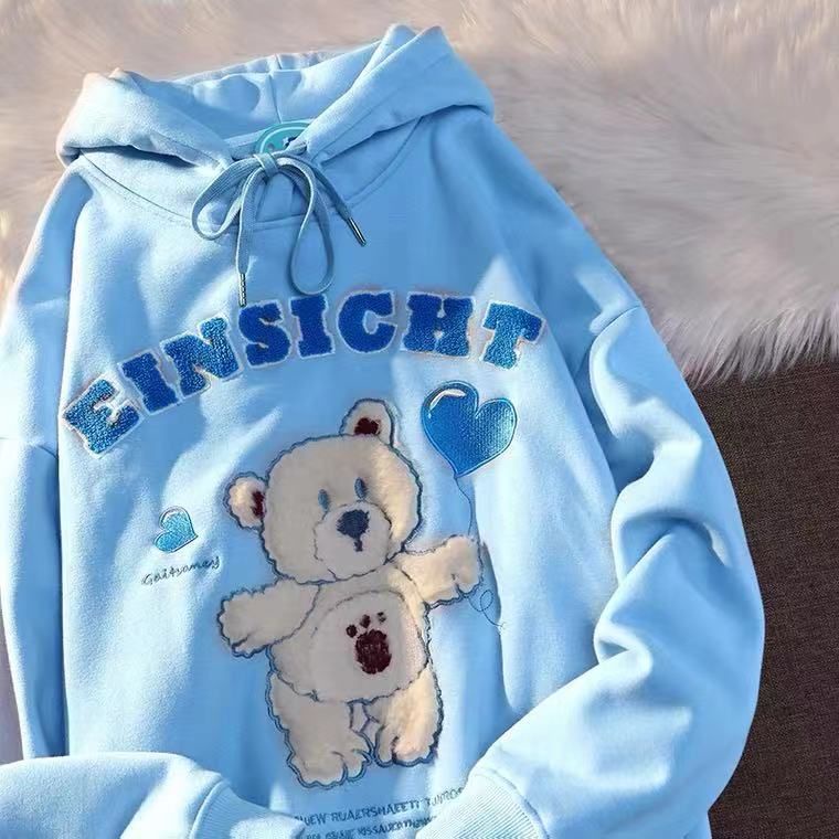 [littlecrab] Hoodie Oversize Einsicht Bear With Baloon Soft Color Beruang Bulu Bordir Timbul Sweatshirt Katun High Quality Korean Style