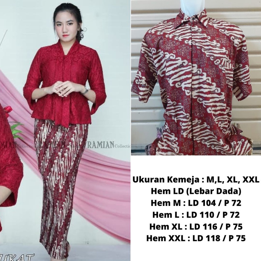 Setelan Kebaya Couple Floy Kutubaru Brokat Maroon Dan Kemeja Batik Pria