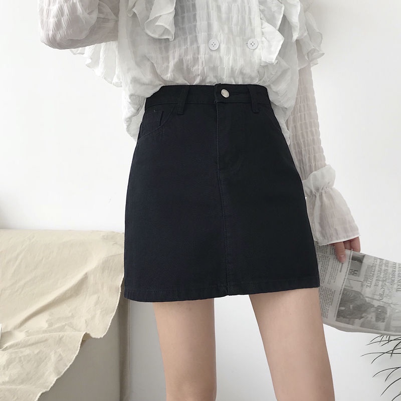 Rok Jeans Pendek A-Line Rok Denim Skirt Pinggang Tinggi Gaya Korea