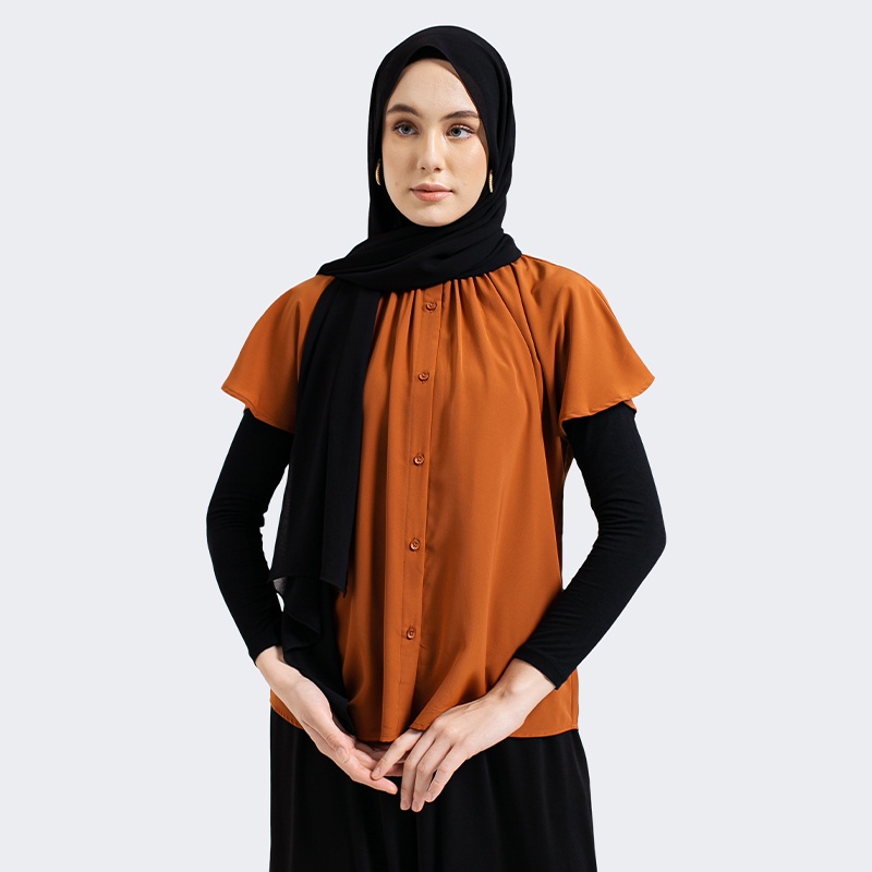 Greenlight Kemeja Casual Kerah Bulat Original LenganPendek Poly Shirt Basic Wanita Orange Cinnamon 0