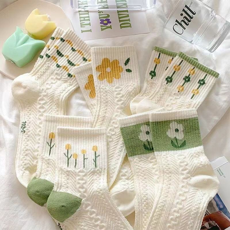 [littlecrab] Kaos Kaki Knit Hijau Bunga Daun Base Putih Cream Import Sock High Quality Cute Soft Green Korean Style