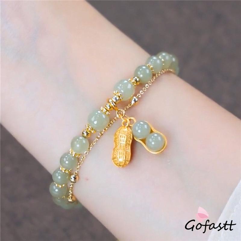Gelang Giok Asli Batu Kacang Hijau Gelang Rantai Emas Hijau Liontin Kacang Gaya Cina Retro Untuk Wan