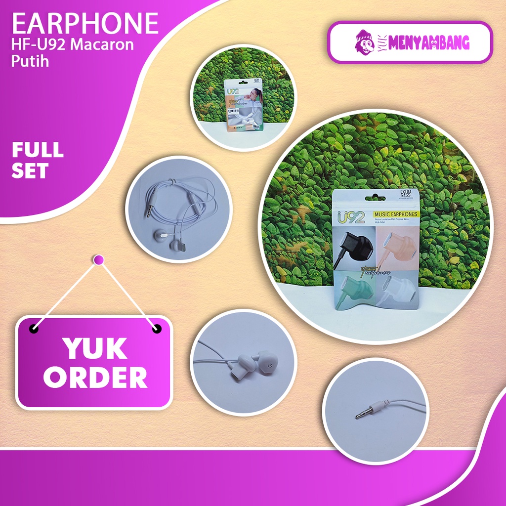 42644 | HF-U92 Macaron Putih | Stereo Music Earphone U92 Extra Bass