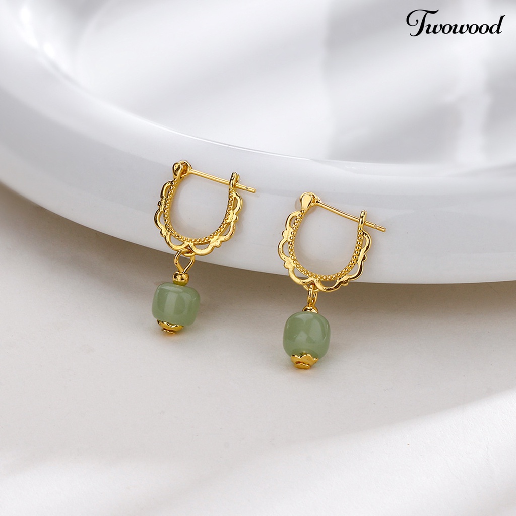 Twowood 1Pc Menjuntai Anting Gaya Cina Warna Emas Elegan Peri Hadiah Hypoallergenic Retro Faux Hetian Jade Drop Earring Perhiasan Aksesoris