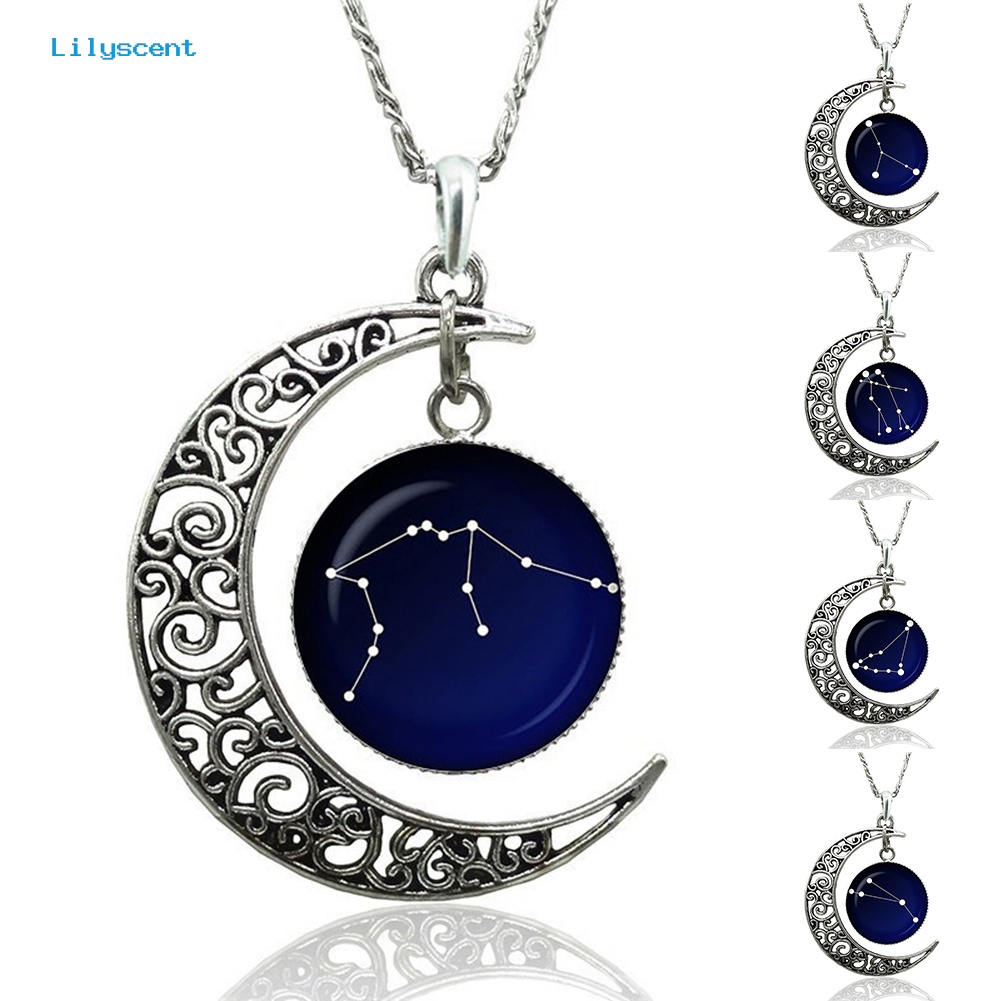 [LS] Tanda Astrologi Astrologi Hollow Bulan Kaca Cabochon Liontin Wanita Kalung