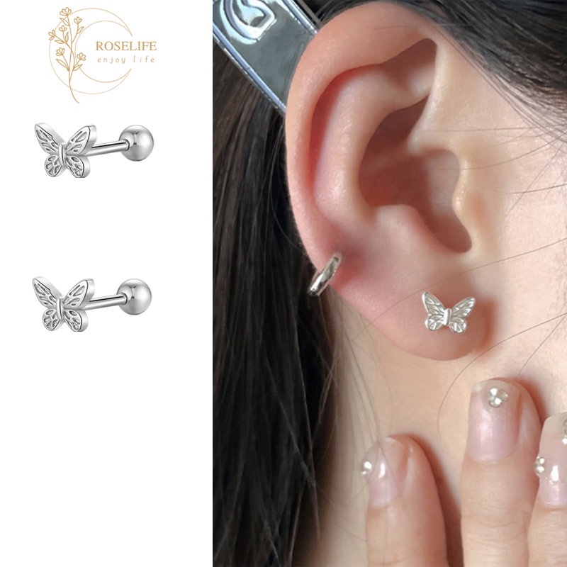 Roselife 2 Pcs Korea Perak Double-head Round Ball Butterfly Stud Earrings Untuk Wanita Perempuan Chic Tindik Tulang Rawan Sekrup Anting Telinga Tulang Perhiasan Hadiah