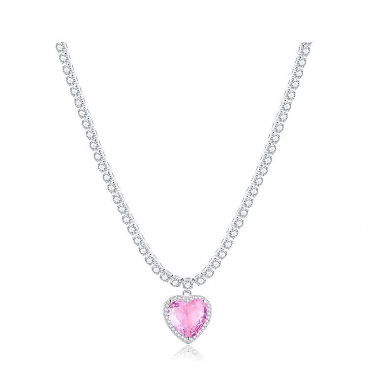 YEEZII Shiny Pink Zircon Heart Pendant Necklace Choker for Women Silver Chain Jewelry Accessories