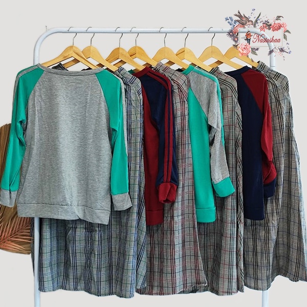 Setelan Rok Maxi Stelan Baju Muslimah Pakaian Wanita Rok Panjang One set Wanita Atasan Kaos Bawahan Rok Tartan Panjang