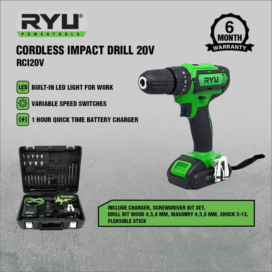 Bor Cordless 20V RYU TEKIRO RCI 20 V Mesin Bor Tembok Baterai 20 Volt