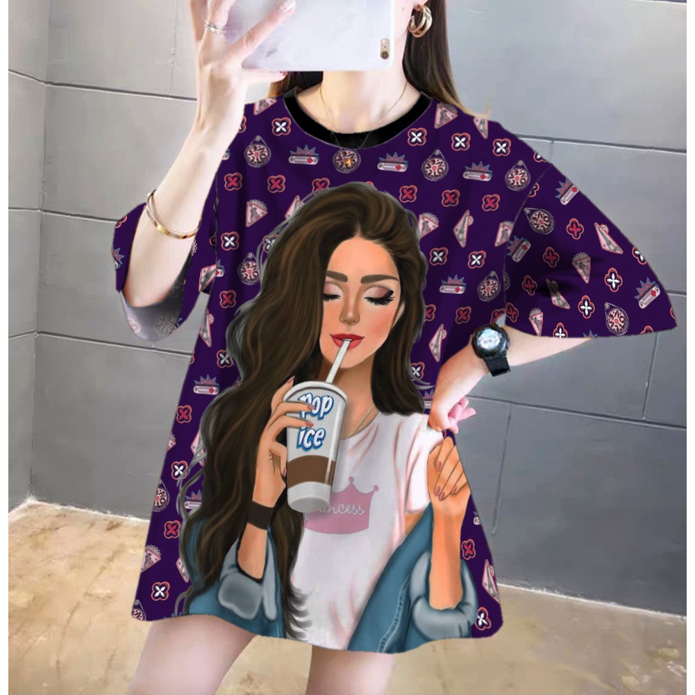 VF - Atasan Kaos Jumbo Wanita Motif Full Printing