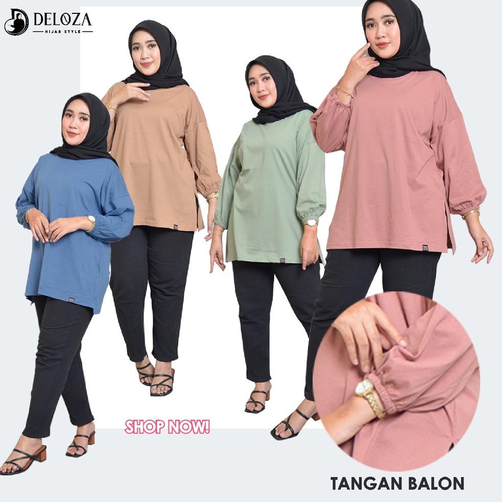 Harga Bersahabat Top Deloza Oversized Tangan Balon Blouse Kaos Polos Wanita Jumbo