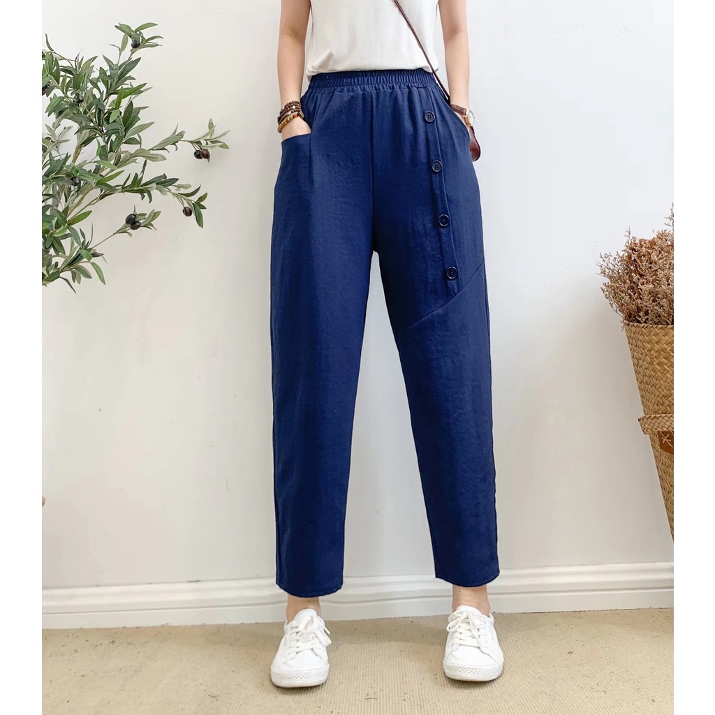 Stok bersih! Impor Unik Katun Celana Dipotong Wanita Celana Kasual Pinggang Tinggi Cropped Trousers Pants