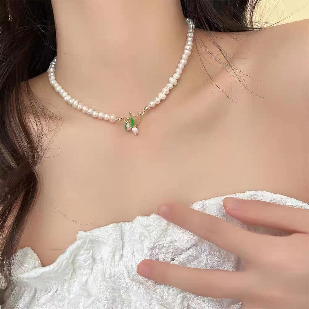 Kepribadian Wanita Pesona Kalung Klavikula Kalung Elegan Choker Kalung Rantai Kalung Perancis tulip Mutiara Liontin Kalung vintage Wanita