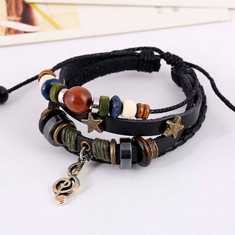 Boho Gypsy Hippie Desain Kulit Coklat Bintang G Clef Logam Charms Tombol Kayu Manik-Manik Bungkus Unisex Adjustable Gelang