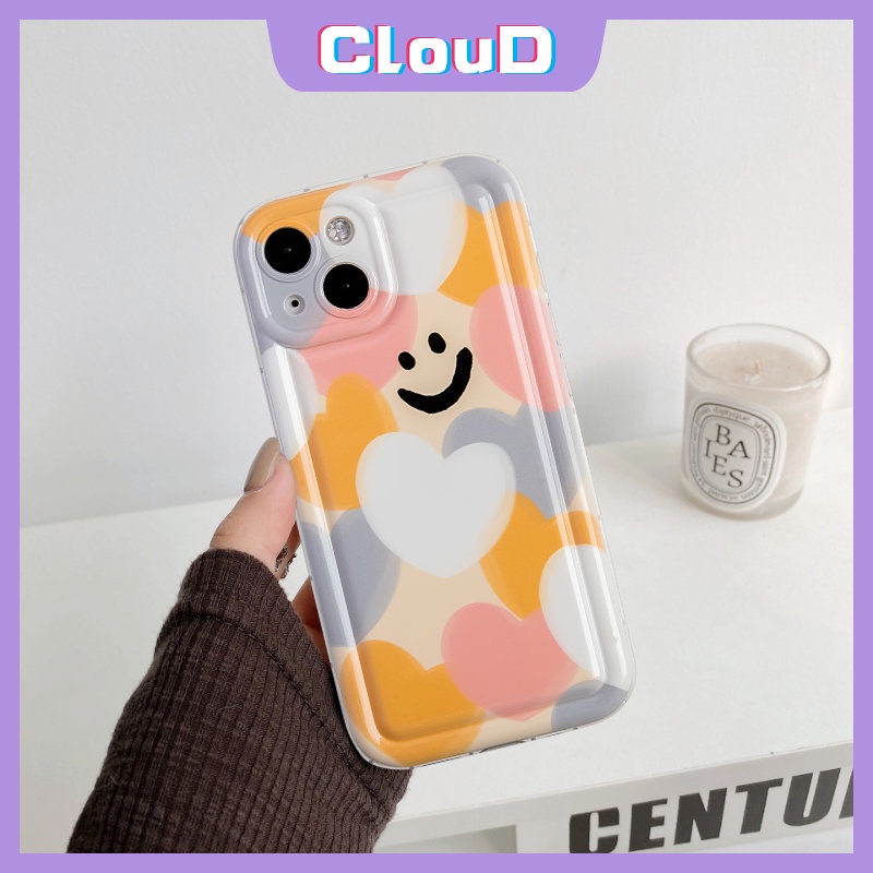 IPHONE Casing Ponsel Airbag Cinta Hati Warna-Warni Kompatibel Untuk Iphone11 14 12 13 Pro Max X XR 78 6s 6 Plus XS Max SE 2020 Kartun Smiley Lembut Tpu Pelindung Kamera Shockproof Cover