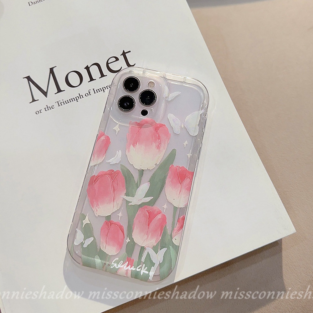 IPHONE Fashion Ins Korea Lukisan Minyak Tulip Case Kompatibel Untuk Iphone11 13 12 14 Pro Max 7Plus 8Plus XR 6 6s 8 7 Plus X XS Max SE 2020 Fresh Spring Flowers Shockproof Airbag Soft Cover