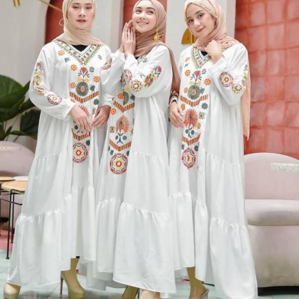 [ART. 637254] Dress Ramadhani Putih | Dress Bordir Bunga | Dress Gamis Syari