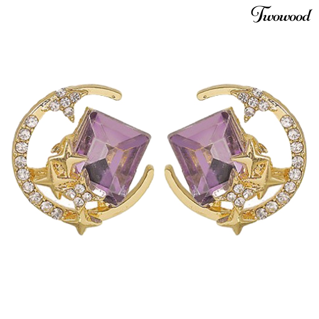 Twowood 1pasang Ear Studs Sparkling Gaya Korea Anti-Oksidasi Friendly Terhadap Kulit Tidak Iritasi Hias Alloy Wanita Bintang Bulan Stud Earrings Perhiasan Decor Untuk Lady