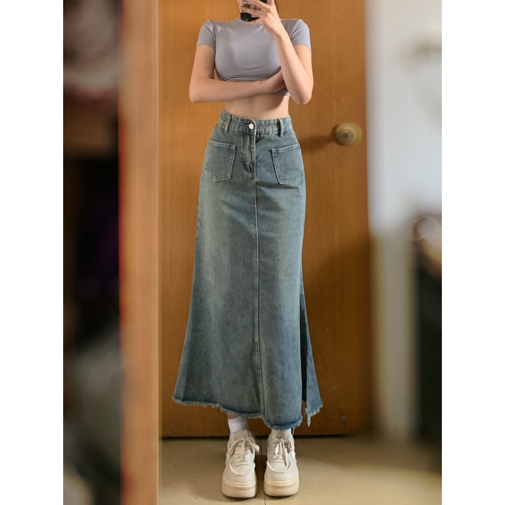 Rok Jeans Panjang Sedang Wanita / Biru Highwaist Fishtail Denim Rok