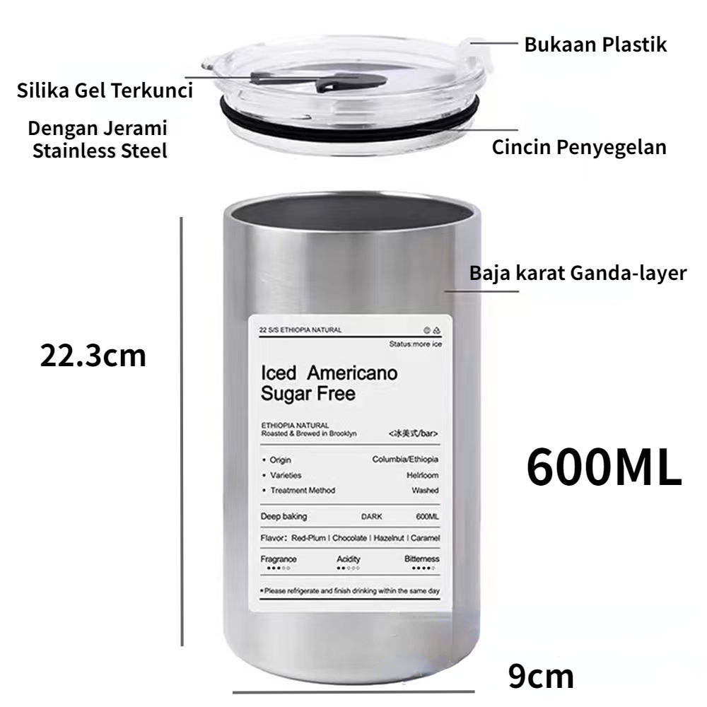 【COD】Bahan Stainless Steel 600ml/Stainless Steel Cangkir Kopi/Cangkir Kopi Stainless/304 Stainless Steel Botol Sedotan/Cangkir Thermos Kopi