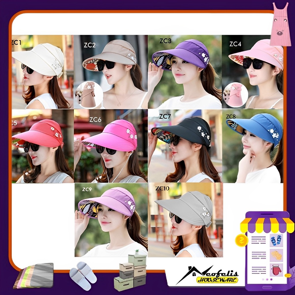 Topi Visor Pantai ZC / Outdoor Pelindung Anti UV Summer Matahari Lipat Lebar Besar Wanita Pria Impor