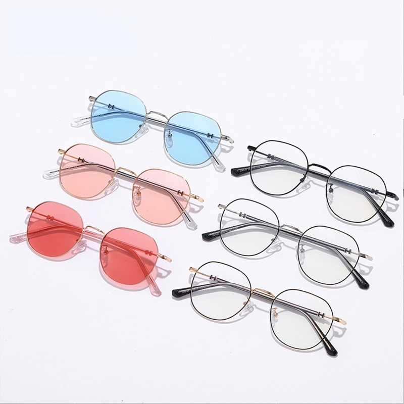 (YUZHU) Kacamata Hitam Warna Permen Bingkai Bulat Logam Fashion Korea INS Gaya Anti Blue Light Eyeglasses Untuk Wanita