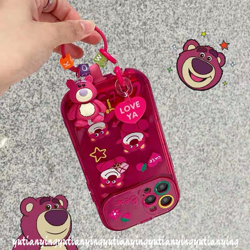 IPHONE Rose Red Cute Kartun Strawberry Bear Manyo Case Kompatibel Untuk Iphone11 13 12 14 Pro Max7 8 14 Plus XR XS MAX X SE Kreatif Flip Make Up Cermin Telepon Soft TPU Silicon Case