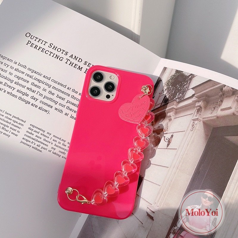 IPHONE Luxury Glossy Rose Red Smooth Case Kompatibel Untuk Iphone14 11 13 12 Pro Max 7Plus X7 8 Plus XR XS Max SE 2020 Simple Warna Solid Soft Tpu Cover Dengan Gelang Love Heart