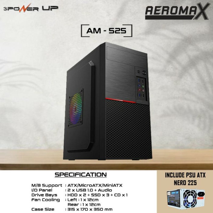 Power Up Casing Aero Max AM-525 Mini Tower M-ATX With PSU 500w + 1 Fan Case RGB