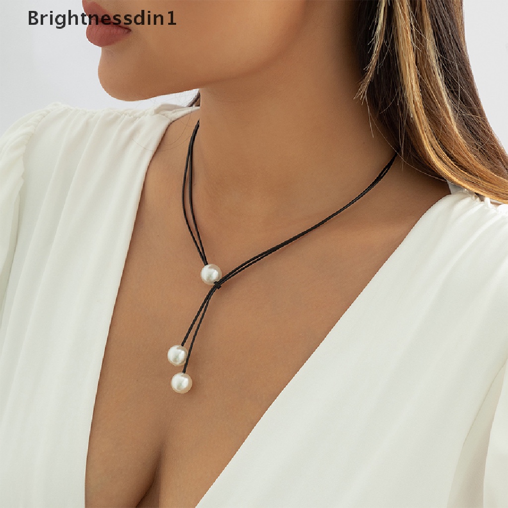 [Brightnessdin1] Fashion Sederhana Gothic Warna Hitam Tali Rantai Kalung Kepribadian Geometri Temperamen Kalung Buatan Tangan Mutiara Imitasi Liontin Leher Yang Dapat Disesuaikan Perhiasan Butik
