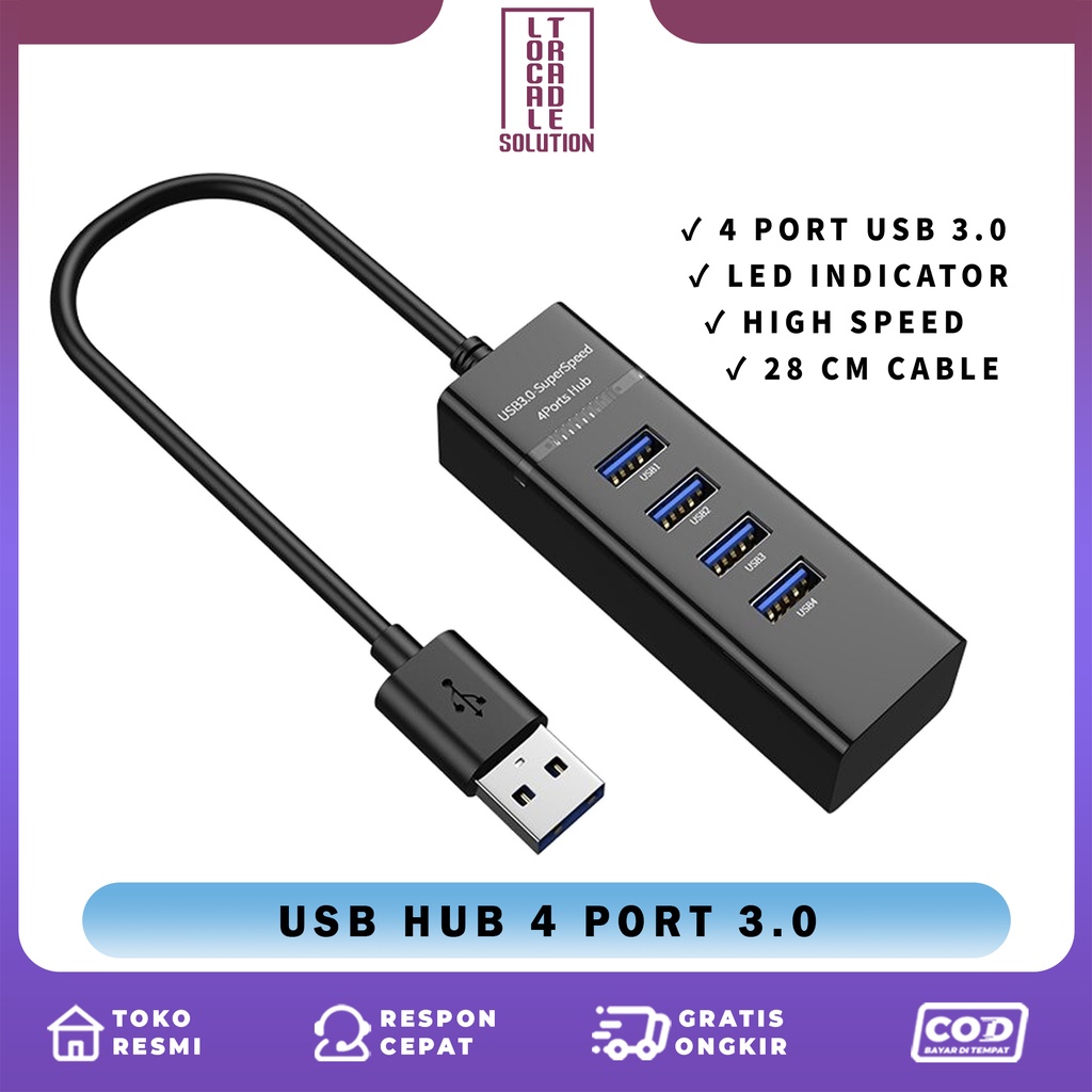 USB Hub 4 Port High Speed USB 3.0 Transfer Rate 5Gbps Plug and Play Adapter HUB Multifungsi Bisa Untuk Mouse Keyboard Bluetoth Dongle
