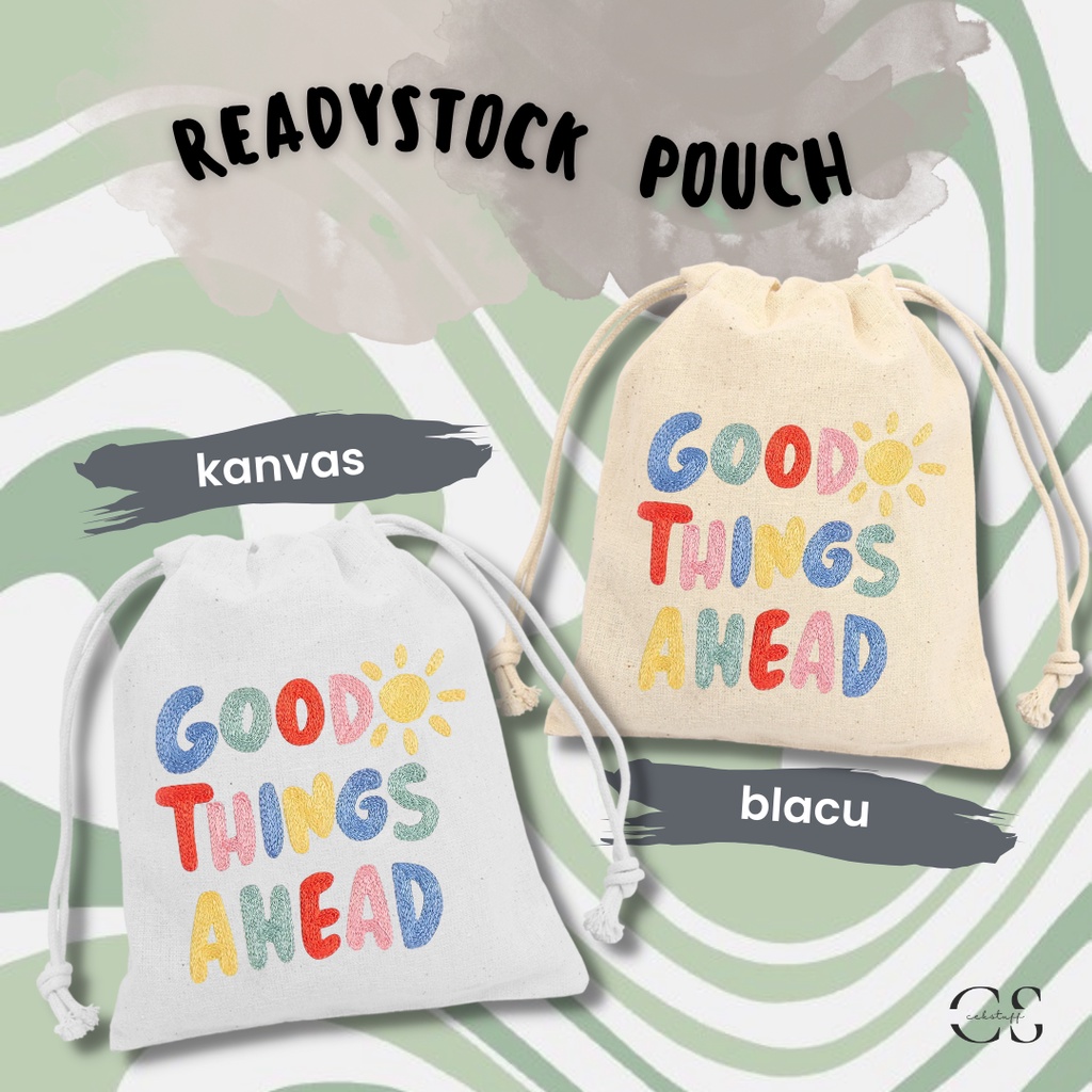 (15x20) POUCH SERUT KANVAS &amp; BLACU SATUAN GOOD THINGS / POUCH SERUT KANVAS AESTHETIC MURAH / POUCH MAKEUP MOTIF / POUCH SERUT KPOP