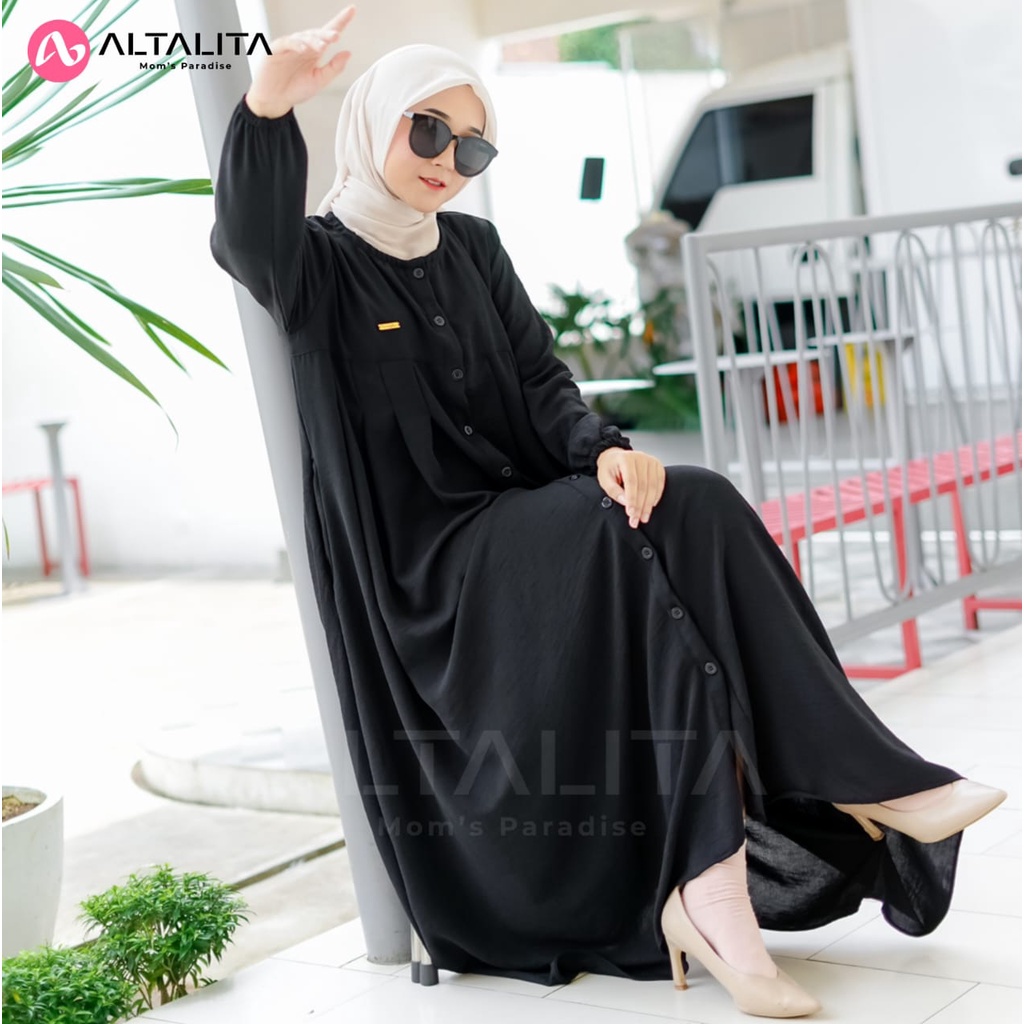 Altalita - Dress Amaraa Full Kancing Cringkle Airflow Basic Casual Gamis Wanita Muslimah Lengan Panjang Kekinian Busui Polos Premium Lebaran Kondangan Vintage Terbaru