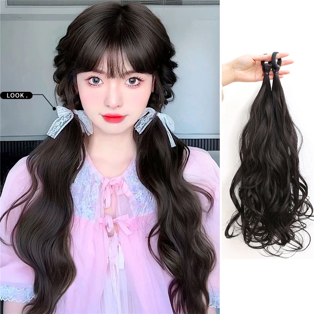 1pasang Wanita Manis Ekor Kuda Panjang Keriting Wig y2k Alami Berbulu Simulasi Wig Piece