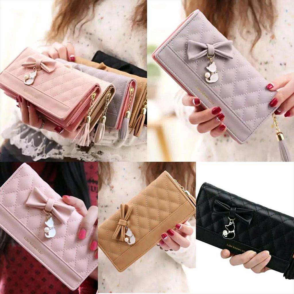 LS 085 - Wallet / Dompet Wanita Lipat Panjang Pita Polos Kucing Manis