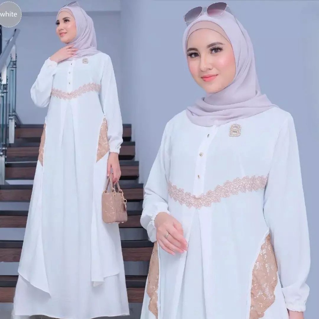 Baju Lebaran Melda Maxi Gamis Putih Hitam Army Coral Pakaian Wanita Muslimah Longdress Syari Murah M