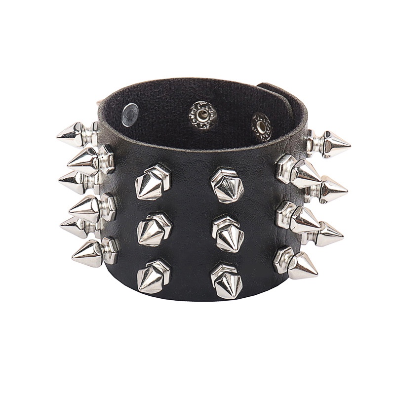 Retro Punk Fashion Berlebihan PU Kulit Gelang Ciri Tiga Baris Paku Rivet Gothic Gelang Perhiasan Pesta