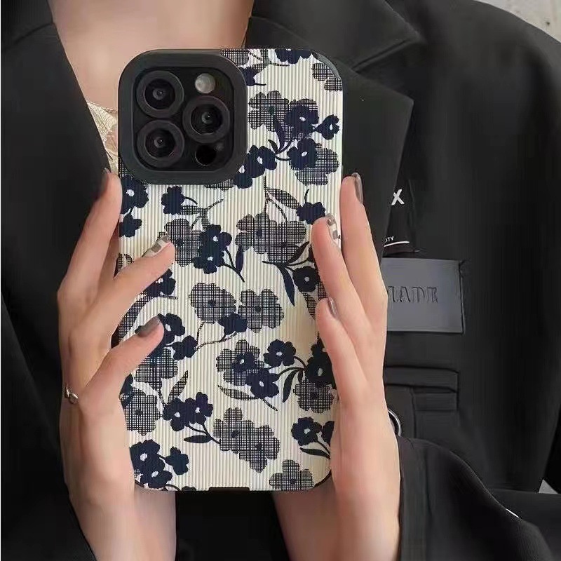 【Lamb Skin】Leather Soft Case IP IPhone 7 8 14 Plus 7+ 8+ X XR SE 2020 XS Max 11 12 13 14 Pro Max Phone Case Pretty Blue Fabric Flower girl