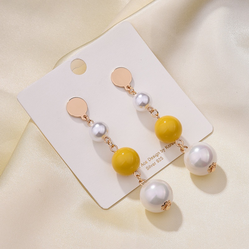 S925 Jarum Perak Korea Manik-Manik Mutiara Warna Panjang Merangkai Kuning Anting Earrings Wanita