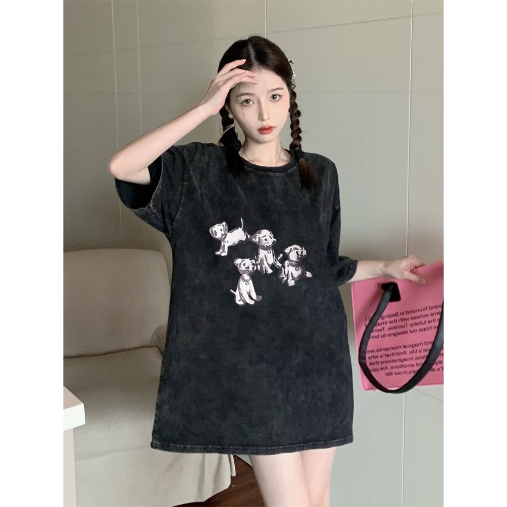 XIAOZHAINV Korean Style Dog Print Pattern Washed Printing Kaos Wanita