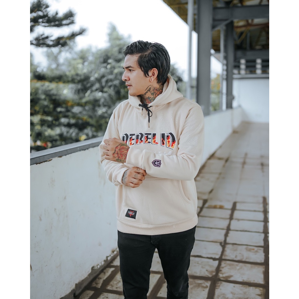 Sweater Hoodie Rebel Id Full Bordir Sweater Pria Cream